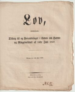 Lov fra Kong Oscar om tillegg og forandringer om fartøyers told avgifter 1827.