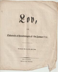 LOV fra Kong Carl Johan 1842 om opphevelse av forordning fra 1741 angående gudelige forsamlinger utenfor den offentlige Gudstjeneste må tillates.