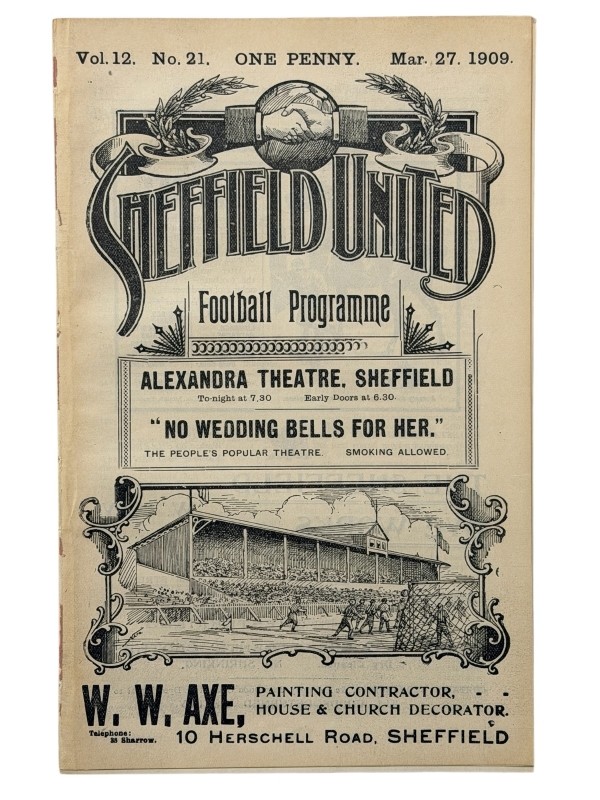 Programmet for FA-cupsemifinalen i 1909 mellom Manchester United og Newcastle United, anslått til £6000–65000 på Sportingold 5. februar.