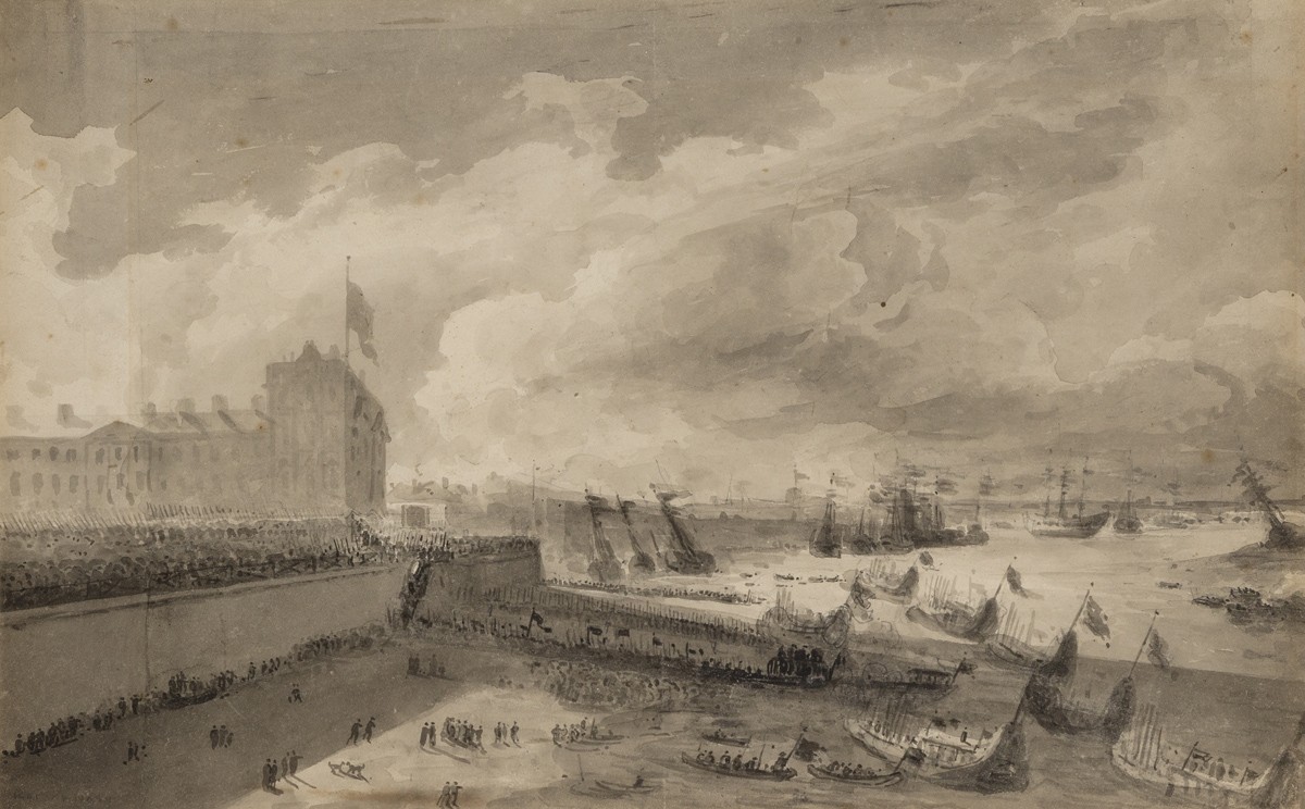 Elveprosesjonen med Lord Nelsons katafalk som venter på tidevannet før den forlater Greenwich ... , en akvarell av Frederick Nash, £ 3200 hos Charles Miller.