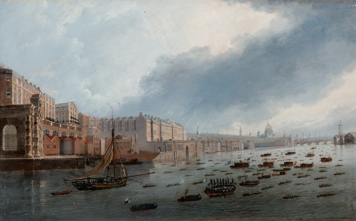 Lord Nelsons begravelsesbåt ved hertugen av Yorks trapper på vei til St. Paul's av Daniel Turner, £17 000 hos Charles Miller.