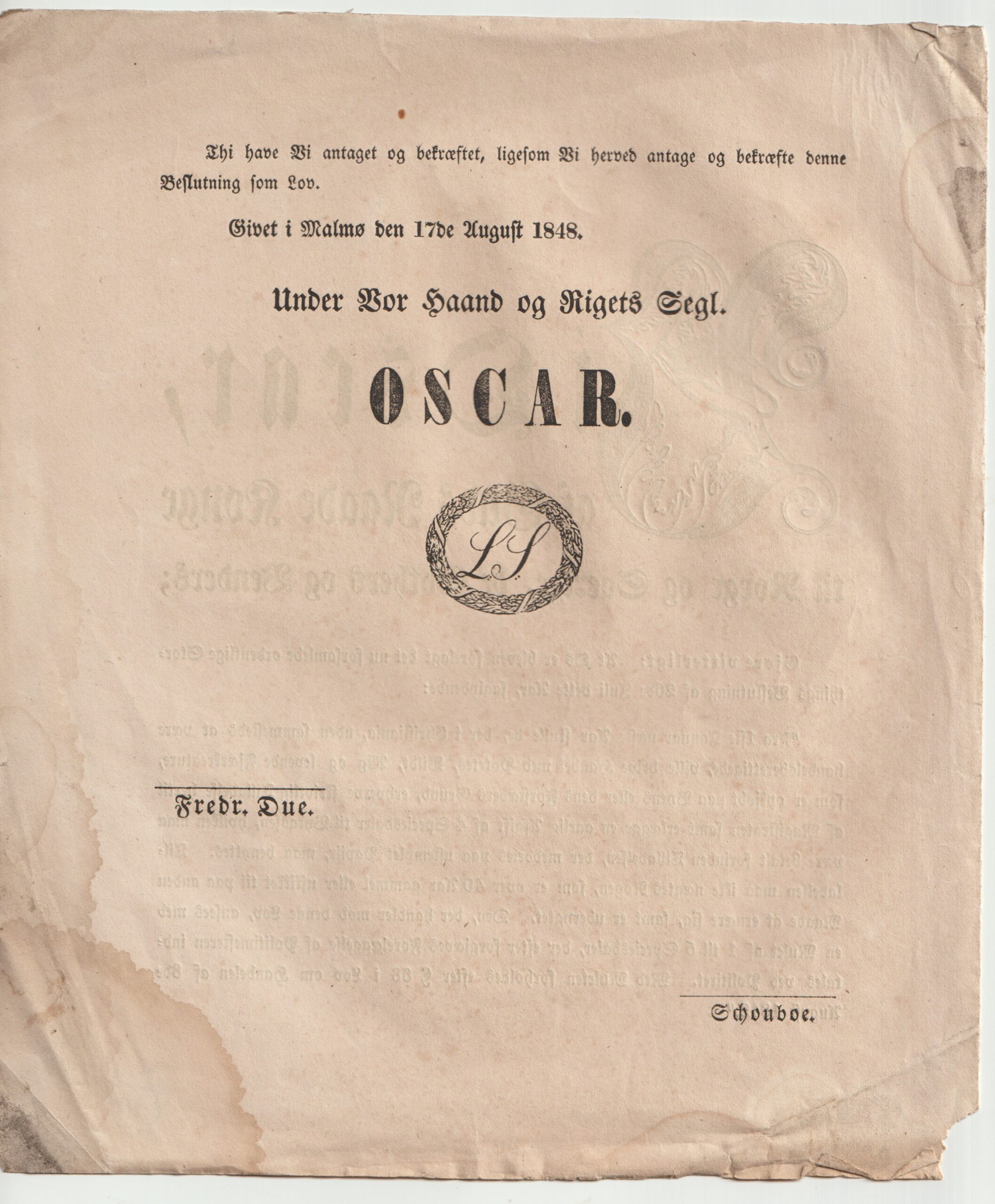 Gammel LOV fra Kong Oscar 1 Om Bestemmelser om Frihandel i Christiania 1848.