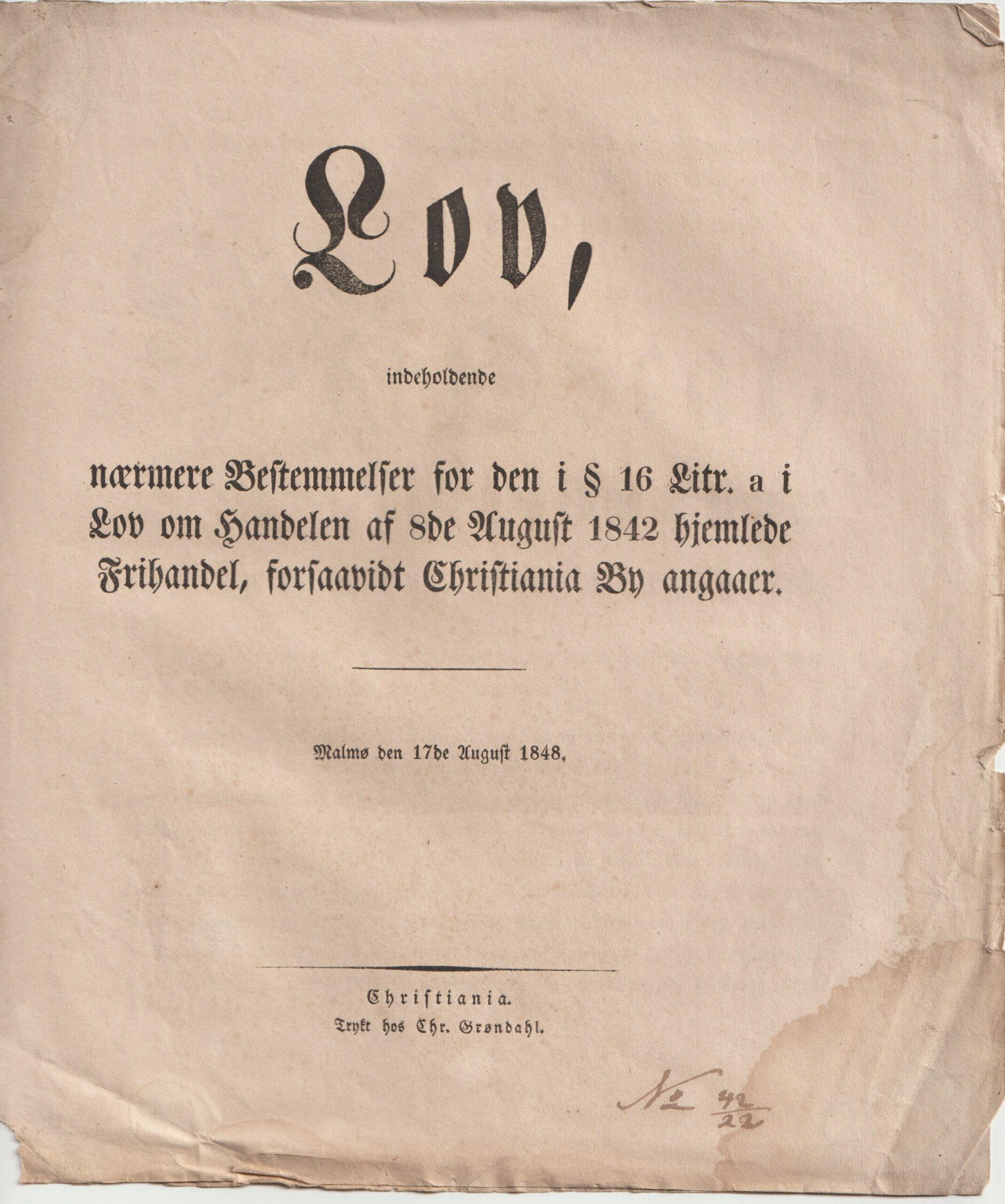 Gammel LOV fra Kong Oscar 1 Om Bestemmelser om Frihandel i Christiania 1848.