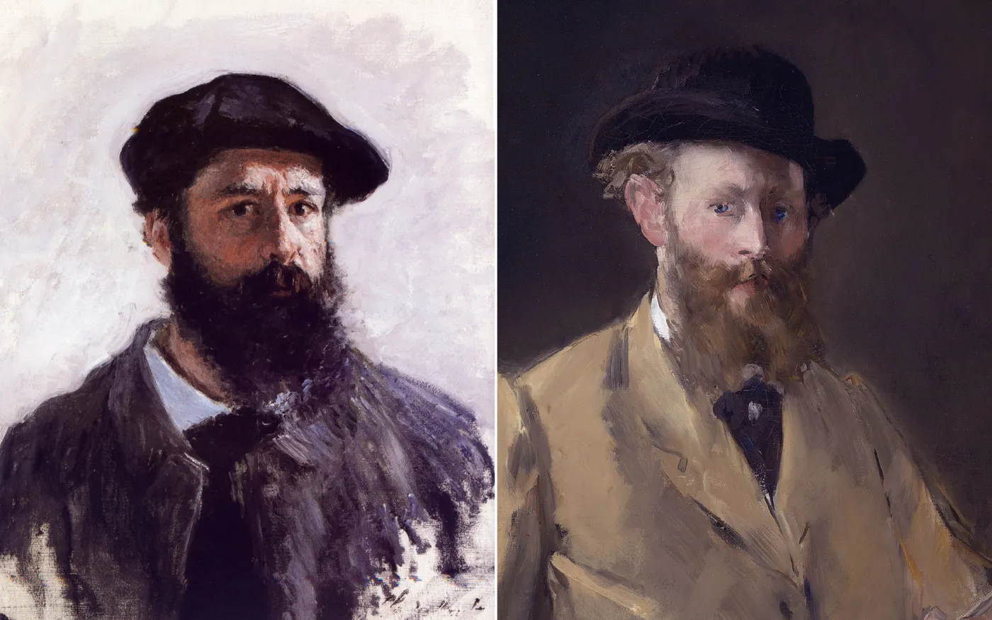 Selvportretter av begge kunstnerne. Til venstre: Claude Monet (1840–1926), og til høyre: Édouard Manet (1832–1883). © Wikimedia Commons