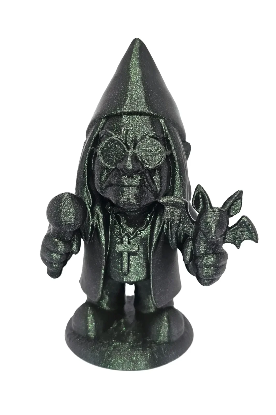 Ozzy Osbourne garden gnome-style statue with black and green glitter, holding bat and microphone