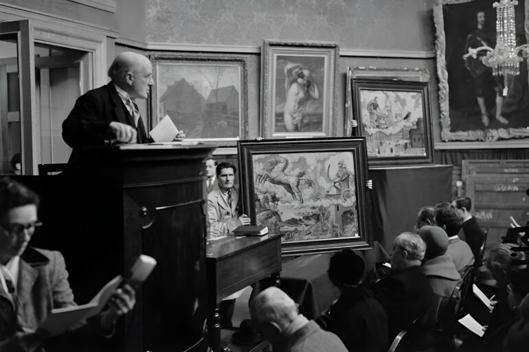 Administrerende direktør for auksjonshuset Christie’s, Sir Alec Martin (1884-1971), ved en talerstol under en kunstauksjon, London, 9. desember 1955.